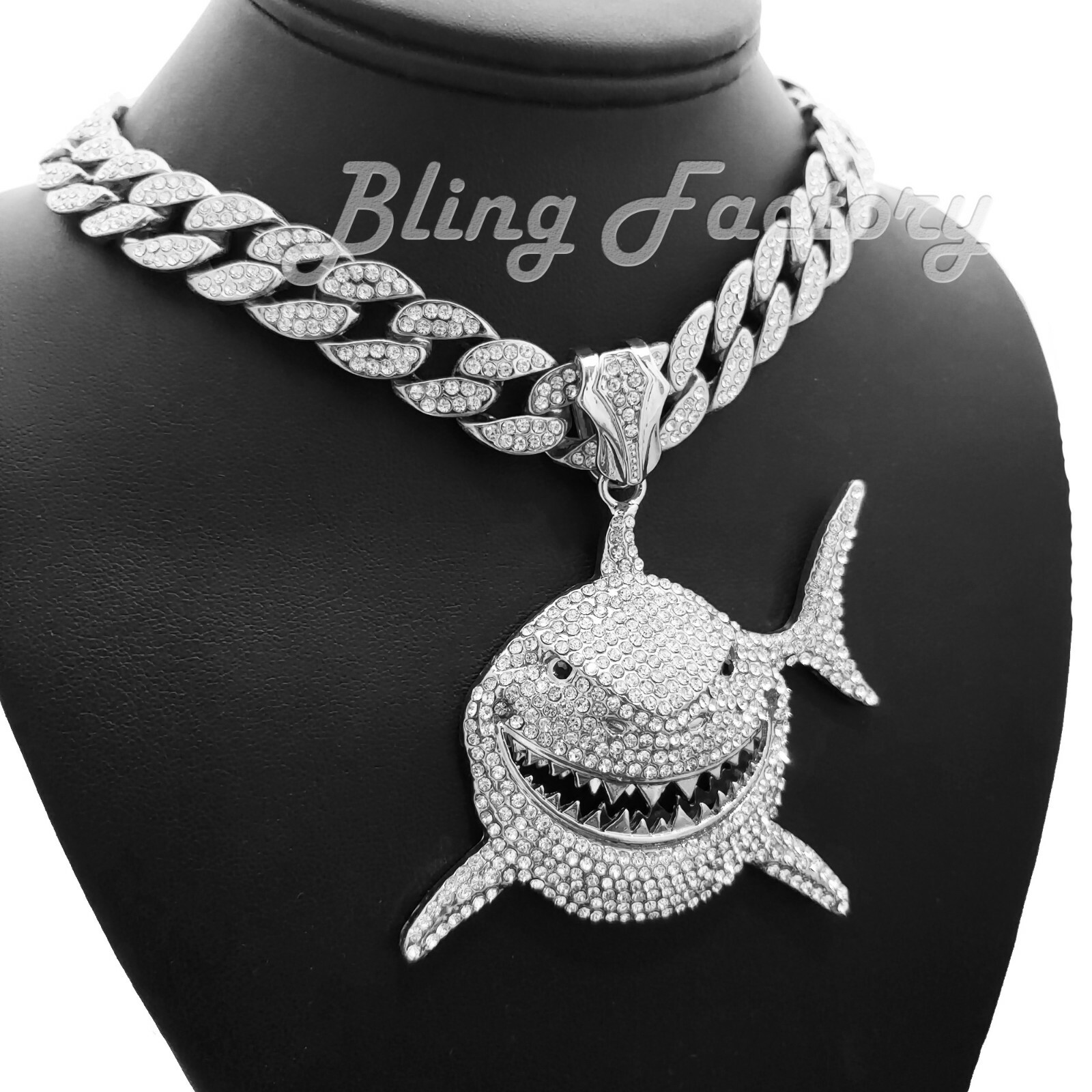 Silver Plated Alloy Iced Shark Pendant Cubic Zirconia Iced Cuban Chain Necklace