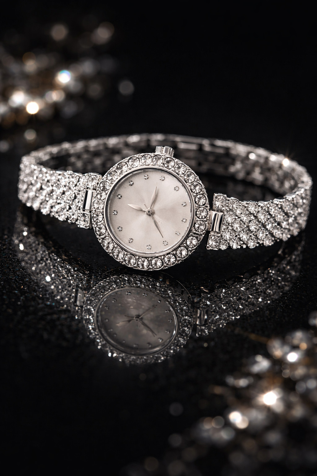 Women’s Silver Rhinestone Bracelet Watch Crystal Bezel Elegant Dress Quartz
