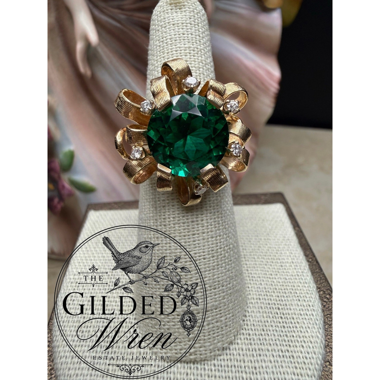 Vintage 14K Gold Hollywood Regency Ribbon Ring | Simulated Emerald 9.28g Sz 6.5