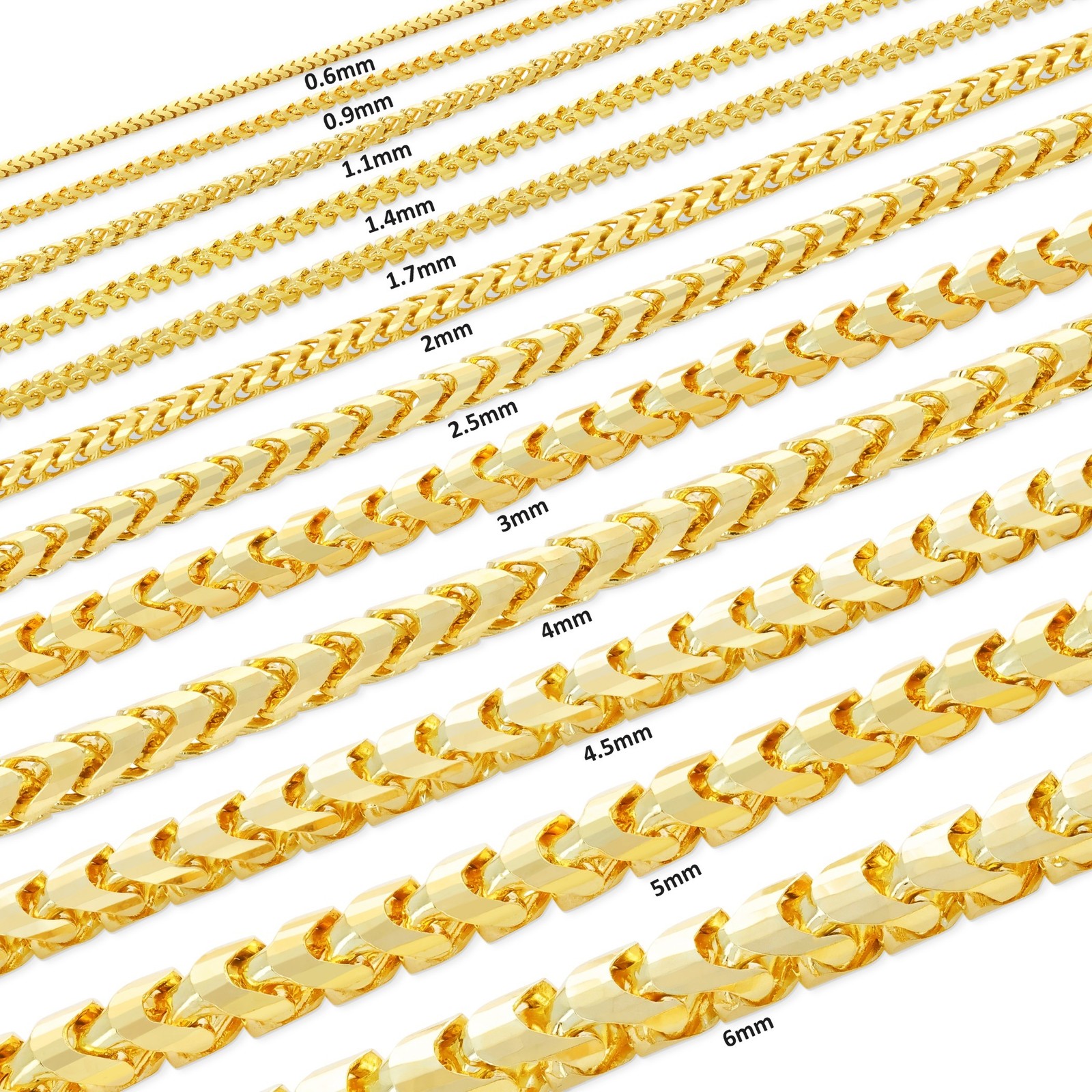 14K Yellow Gold Solid Franco 0.6mm-6mm Diamond Cut Spiga Chain Necklace 16″- 30″
