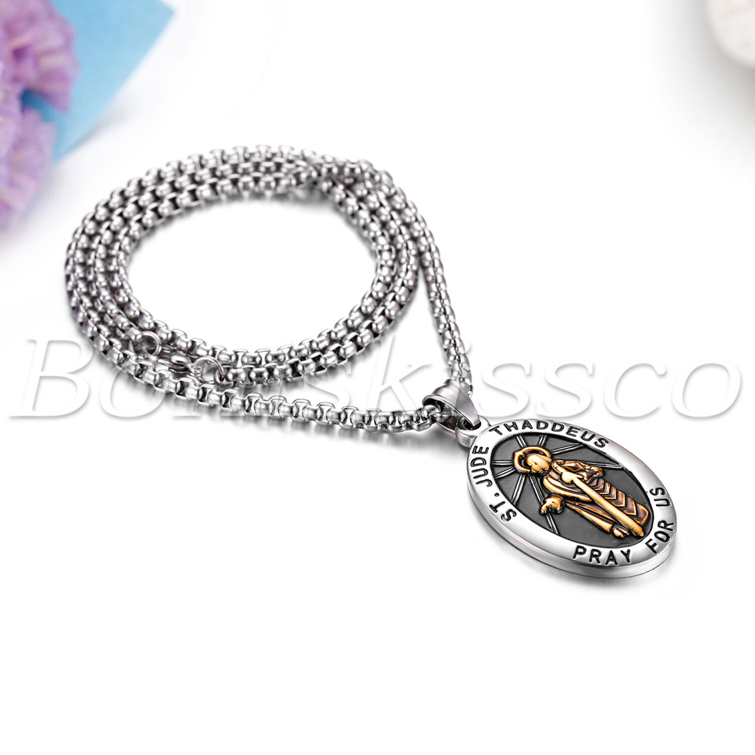 Men’s Unisex Stainless Steel St Jude Thaddeus Jesus Oval Pendant Necklace Chain