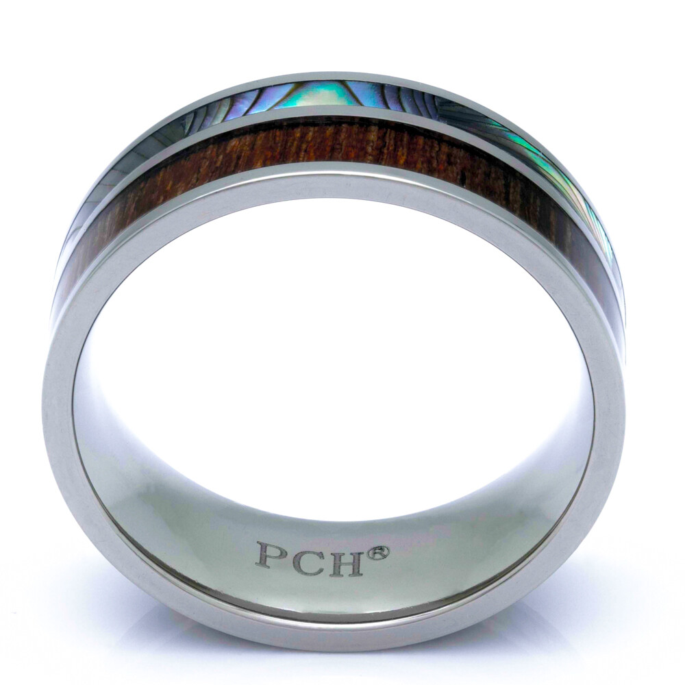 Titanium Hawaiian Koa Wood and Abalone Ring 8mm Comfort Fit Band Size 8 to 15
