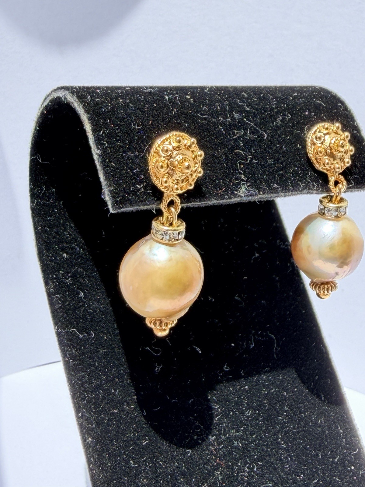 Lustrous Freshwater Baroque 12mm Champagne Pearl Vermeil Drop Earrings with Cz