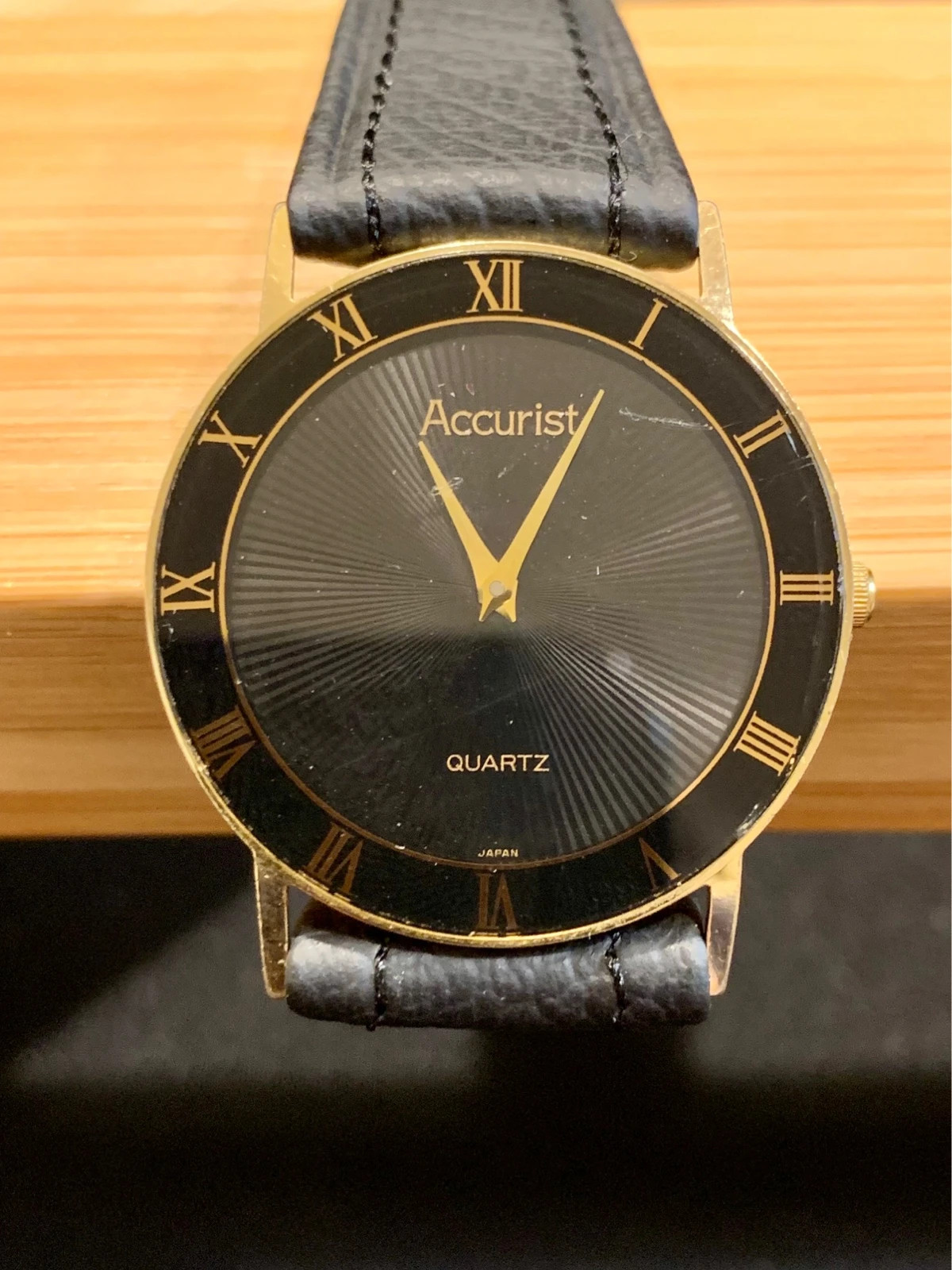 Accurist Ultra Slim Watch 31mm Black Dial Gold Tone New Leather Strap Working