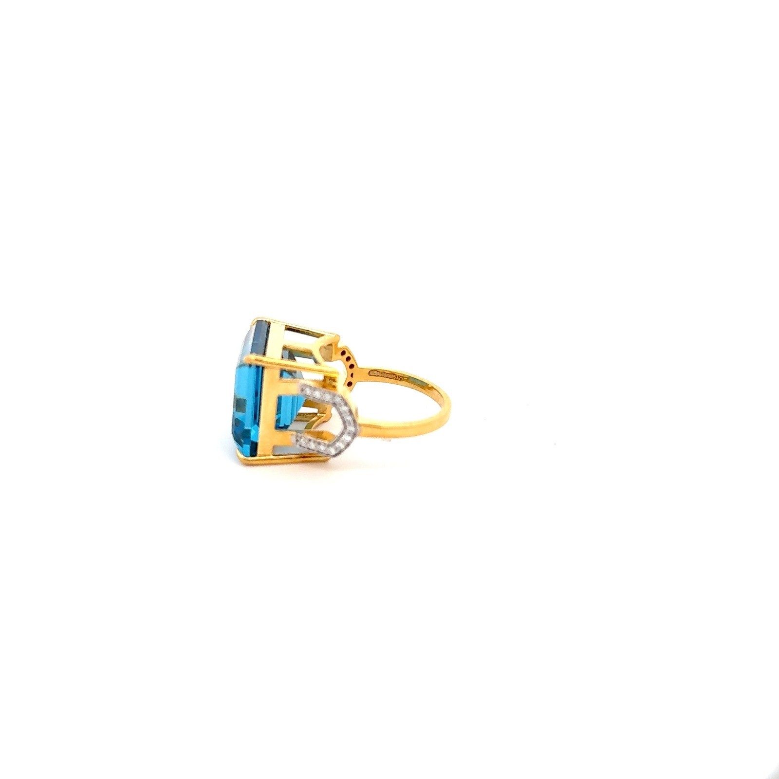 14K Yellow Gold Blue Topaz & Diamond Accent Ring Cocktail Statement Jewelry