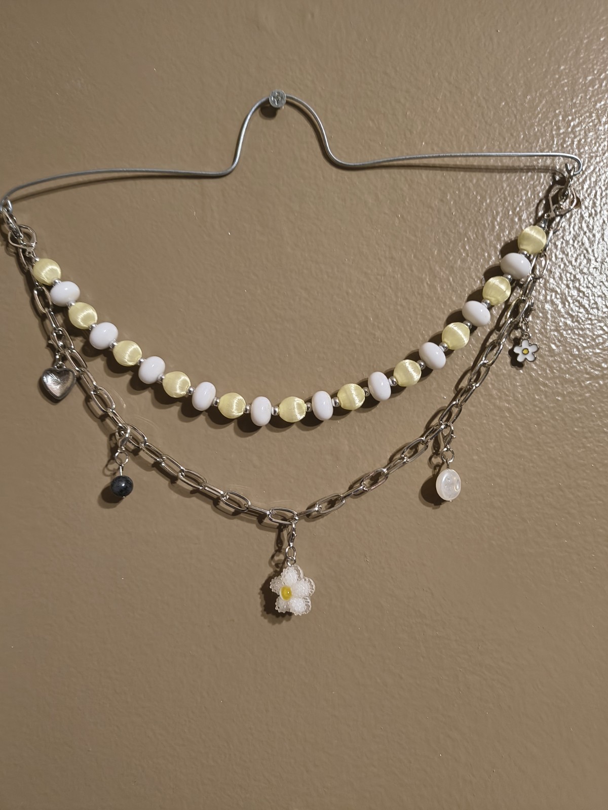 Silver Plated Rearview Mirror Chain Charm w/ Simulated Pearl Beads and Charms