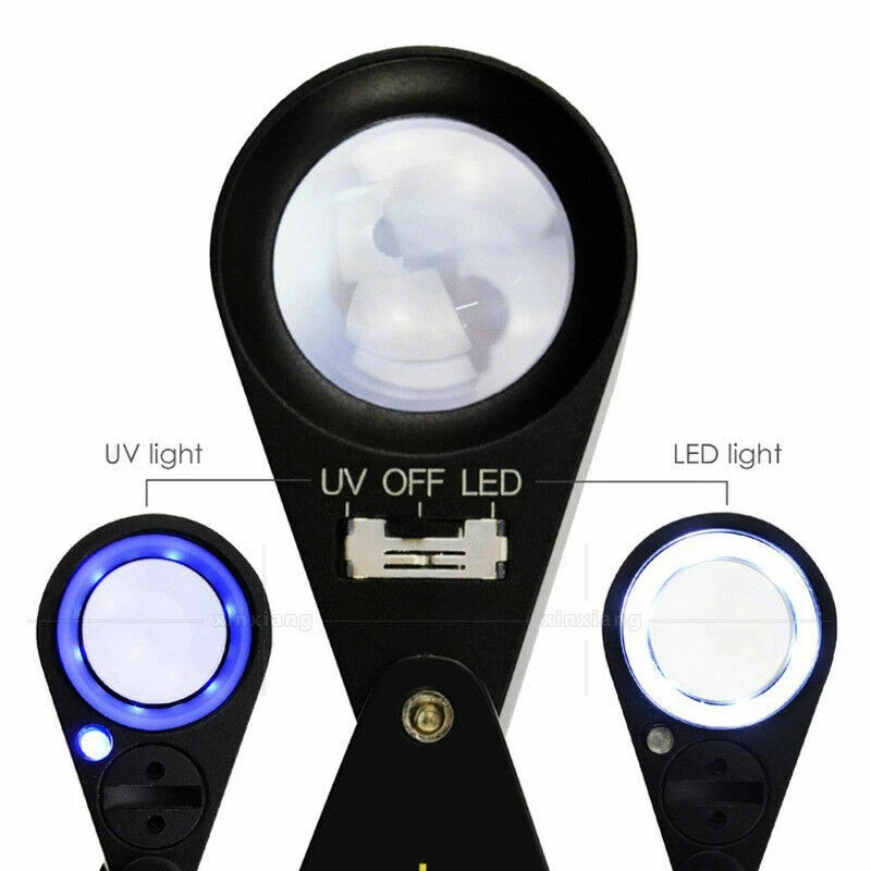 10X 20X 30X 40X 21mm Magnifying LED Triplet Loupe Dual Light White &UV Magnifier