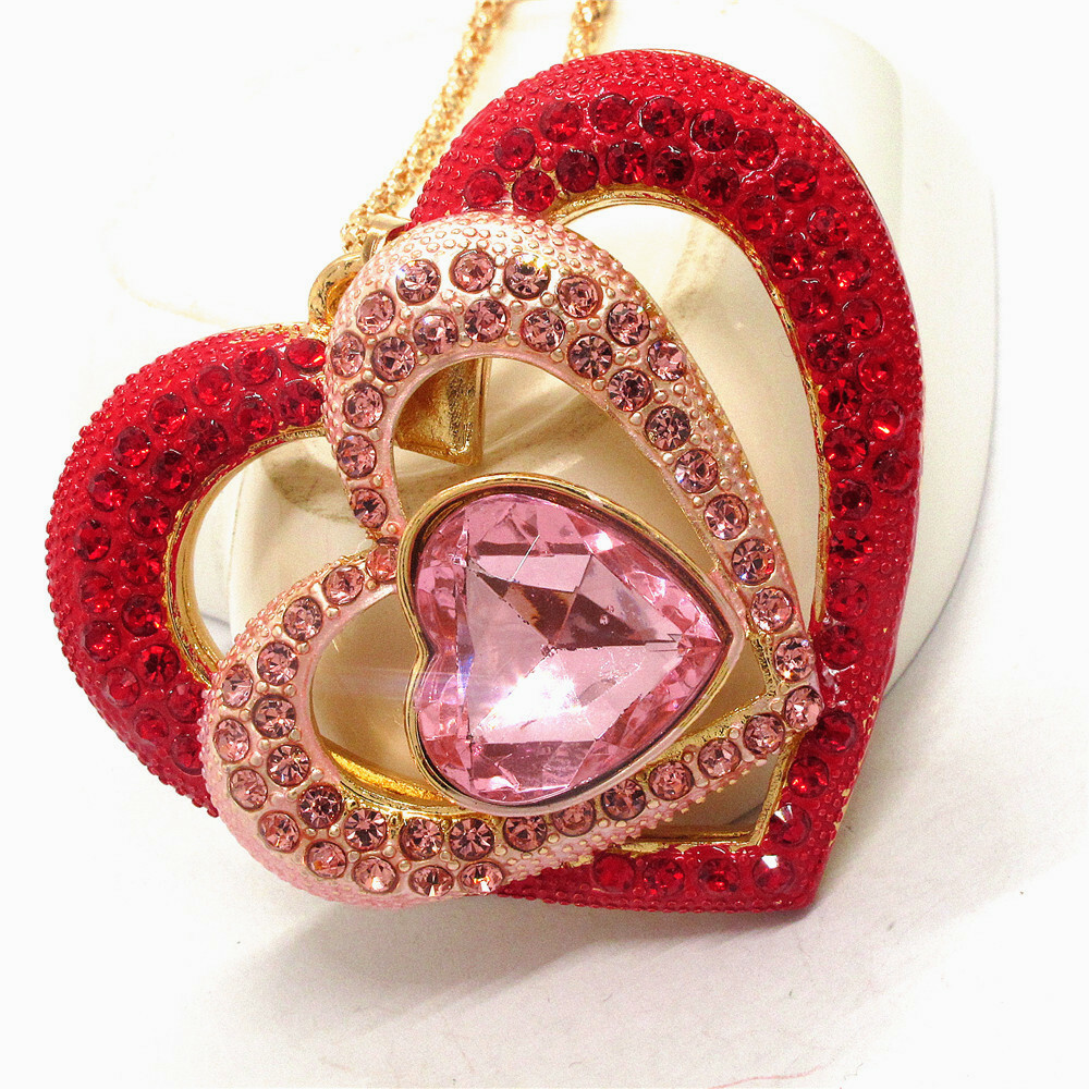 New Fashion Pink Crystal Bling Three Hearts Love Pendant Sweater China Necklace