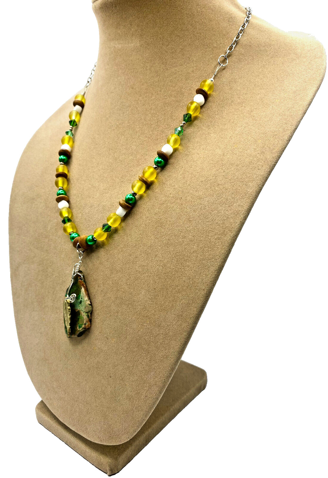 Beaded Necklace Ladies Green Yellow Brown White- Marble Jasper Pendant