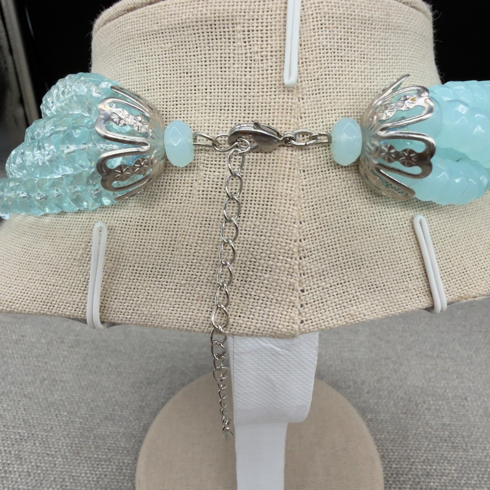 Acrylic Necklace Multi Strand Frosted Clear Blue Beads Looped 17 Inches