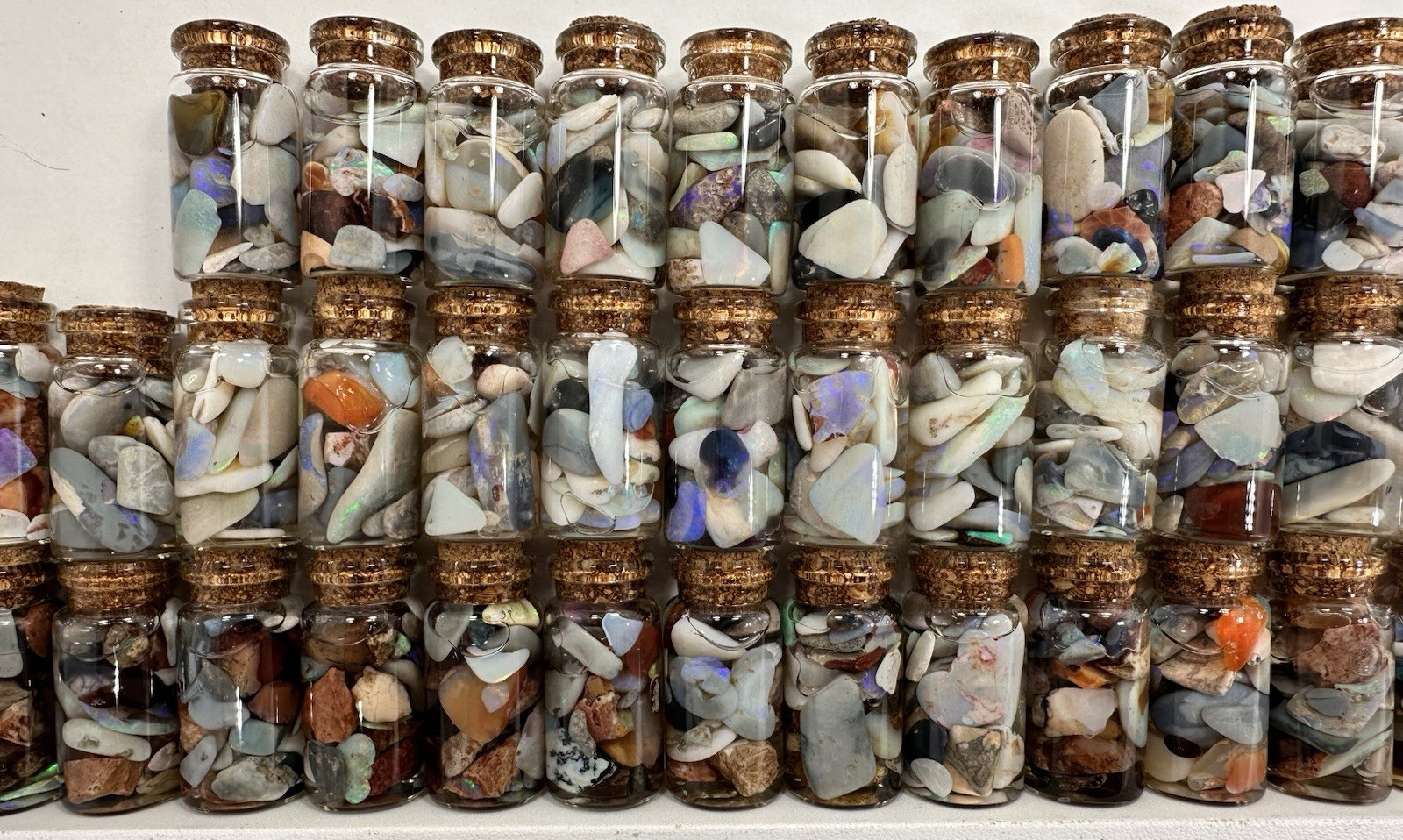 40 ct Premium Australian Coober Pedy Rough/Rubs Opals in Glass Bottles