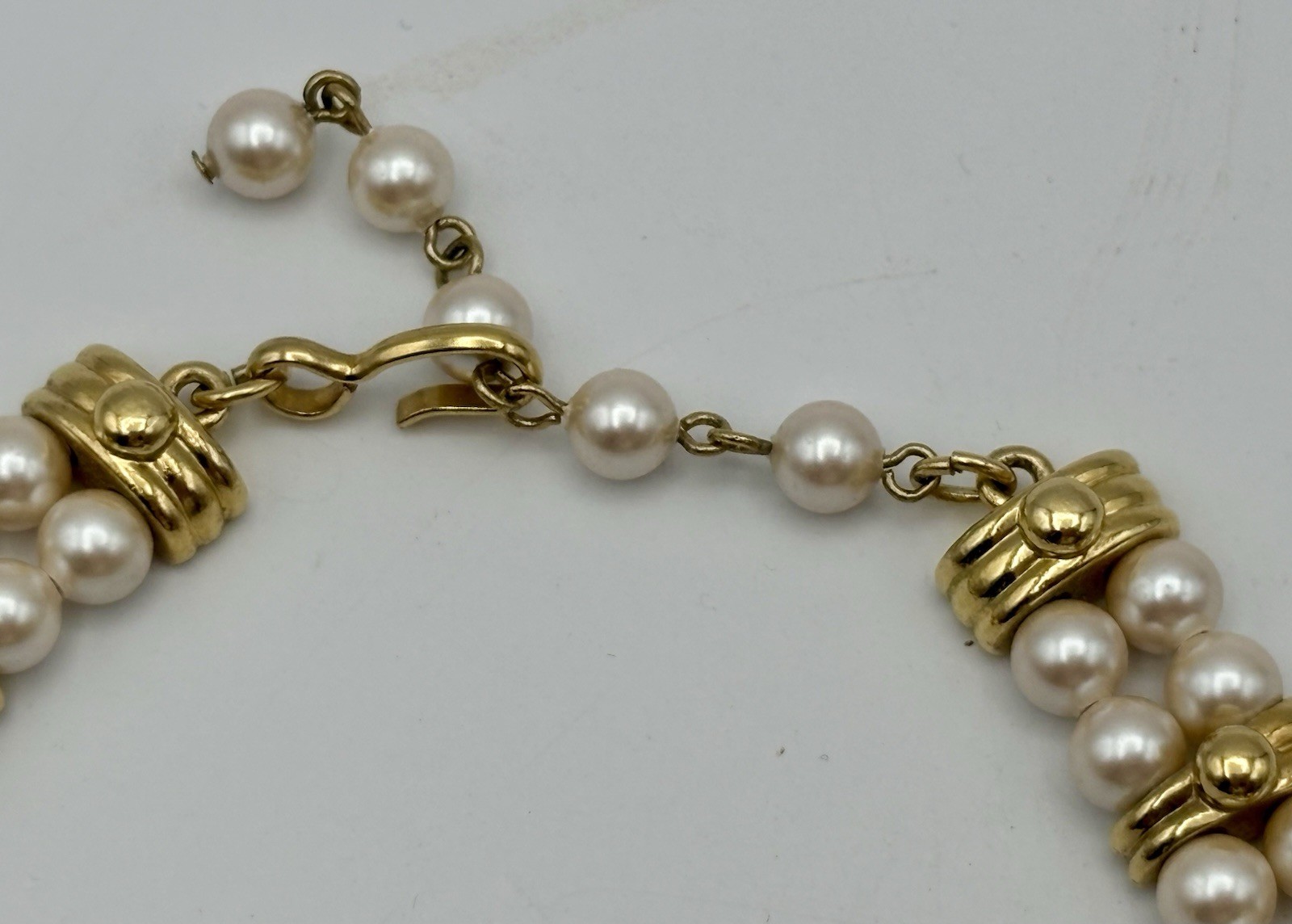 Monet Signed Double Strand Faux Pearl Gold Tone Choker Necklace Hook Clasp