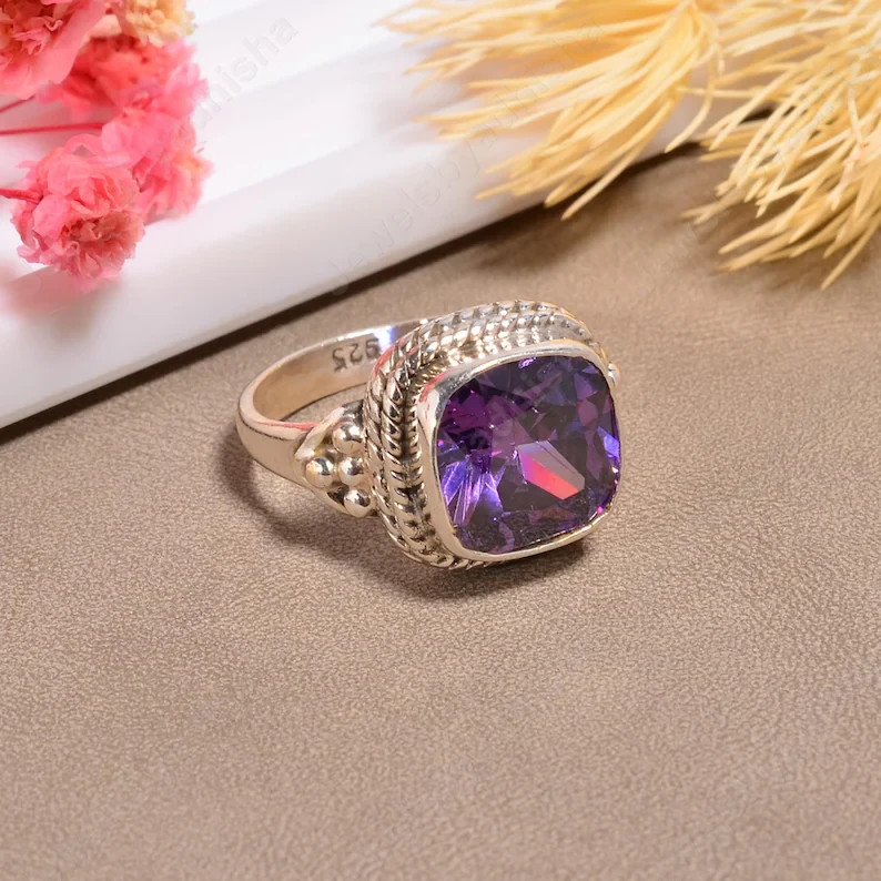 Natural Amethyst 925 Sterling Silver Band& Statement Ring Handmade Ring All Size