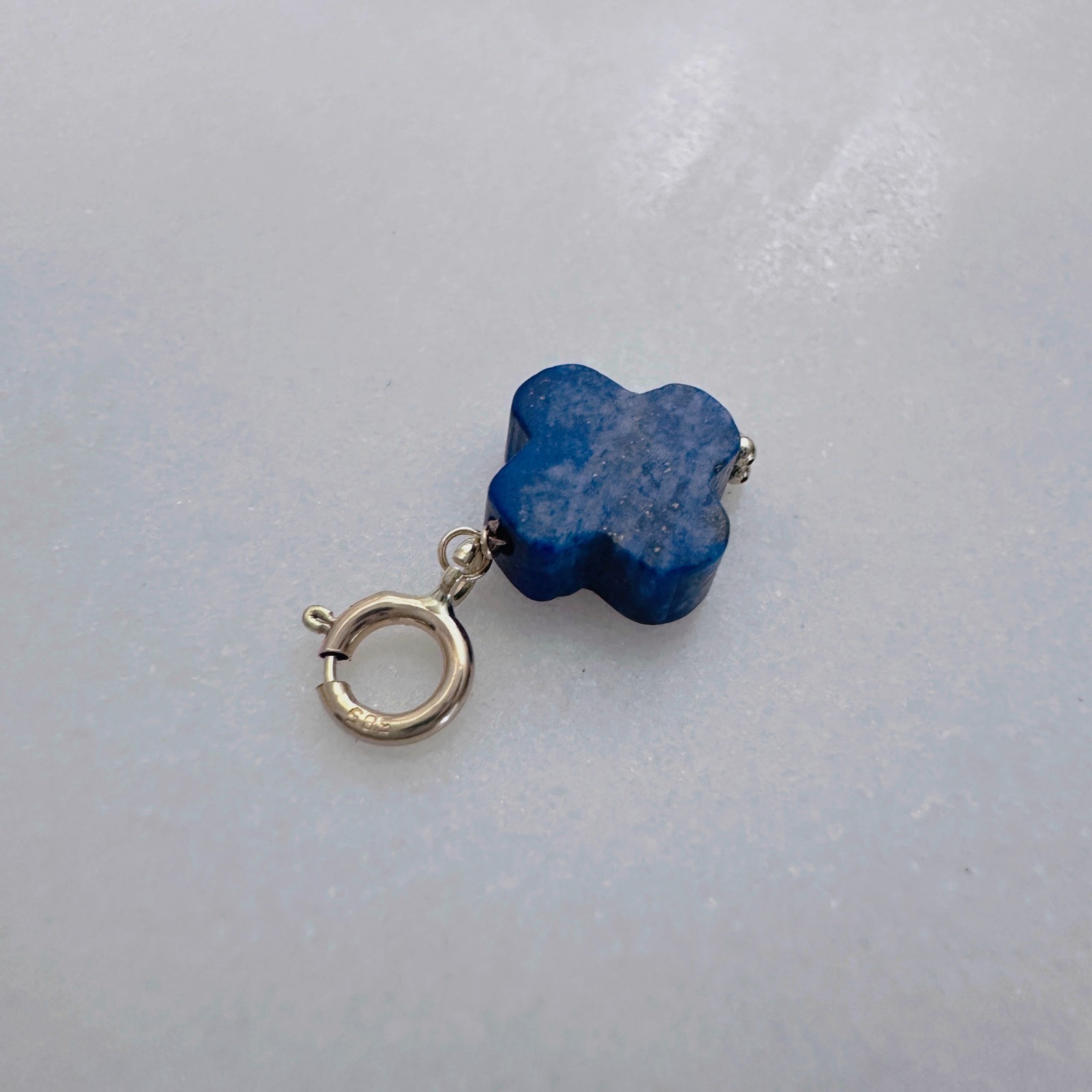 14K Solid Yellow Gold Lapis Lazuli Clover Small Charm Pendant w/Spring Clasp