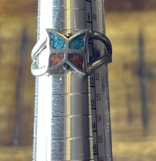 Butterfly Ring With Turquoise And Coral Size 5 3/4 See Description