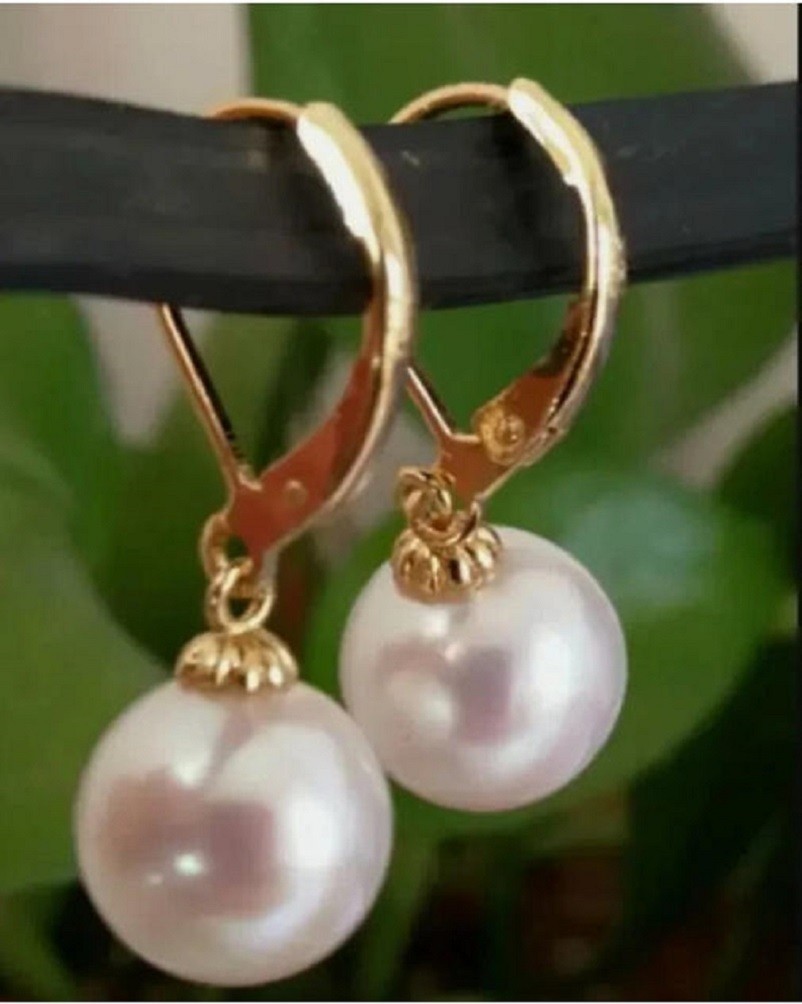 AAA 9-10mm Natural Round South Sea White Pearl Earrings in 14K Gold