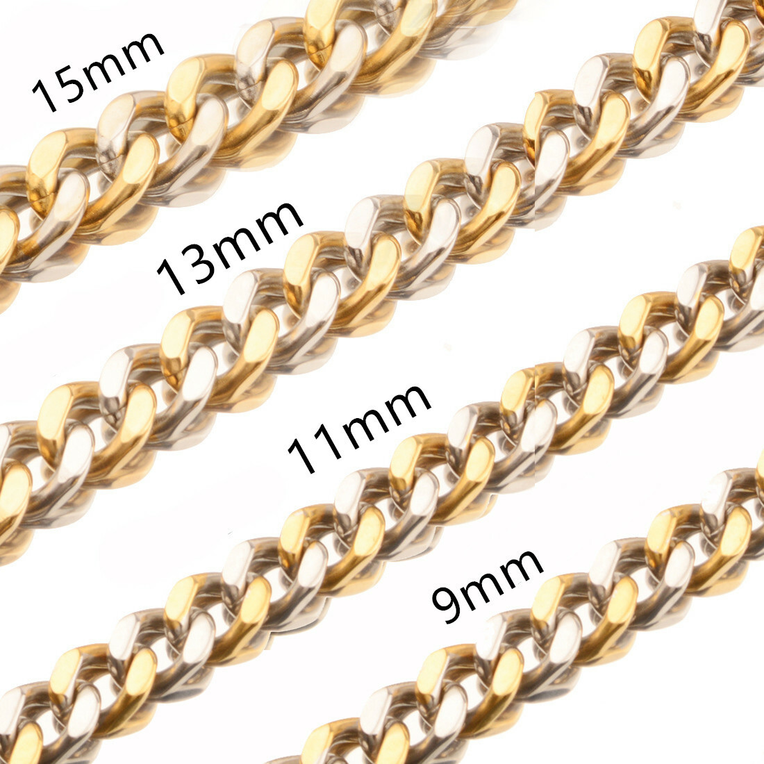 9-15mm Heavy Silver Gold Black Mens Curb Chain Stainless Steel Necklace Bracelet