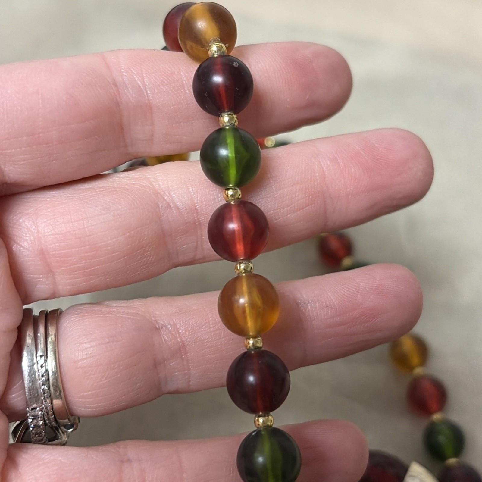 Vtg NWT Lucite Necklace Red Green Orange Brown Necklace Autumn Fall Leaves Acorn