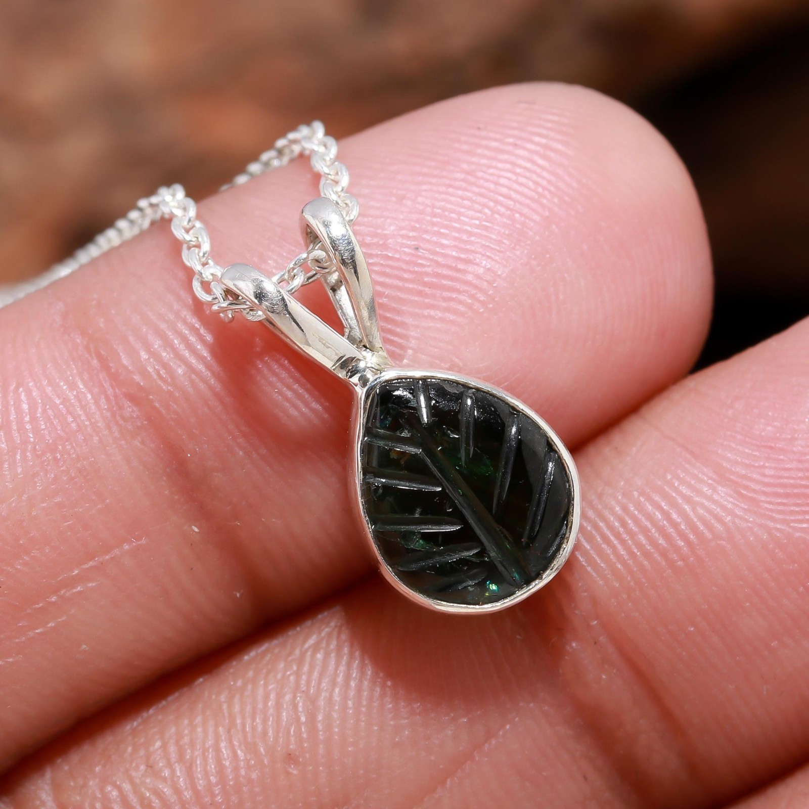 Natural Tourmaline Leaf Chain Necklace 925 Sterling Silver Jewelry Gift For Her