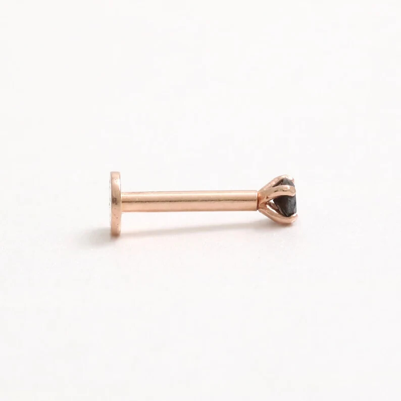 Real 0.03 Ct Round Black Diamond Nose Stud Screw Ring Piercing Pin 14K Rose Gold