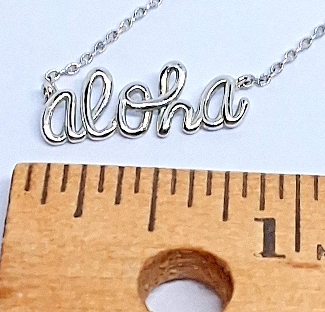 Sliver Tone Hawaiian “Aloha” Scroll Word 16 Inch Necklace