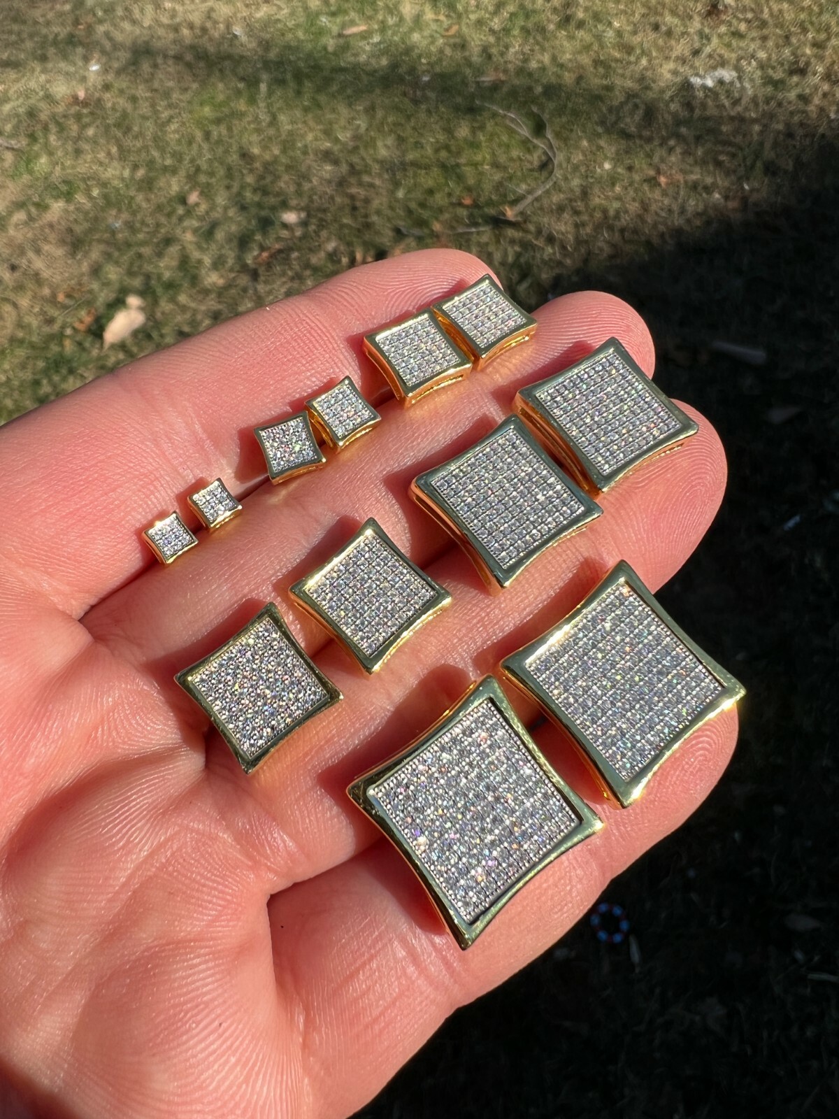 Square Kite Earrings Iced CZ Hip Hop Mens Ladies 4mm-18mm 14k Gold Plated
