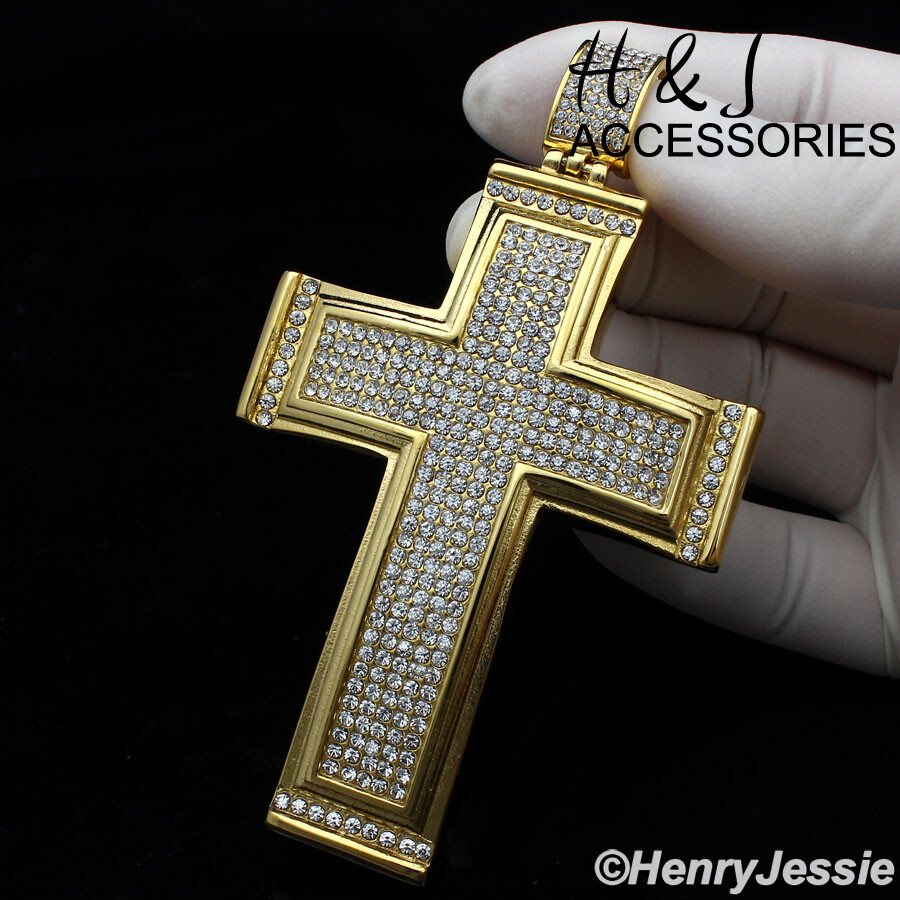 18″-40″Stainless Steel 9mm Gold Plated Cuban Chain BIG ICY CZ Cross Pendant*IP20