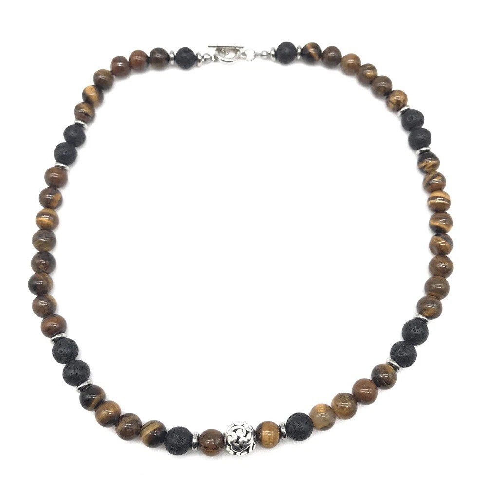 24″ Men’s 8mm Natural Tiger Eye Lava Bead Necklace Stainless Steel Toggle Gift