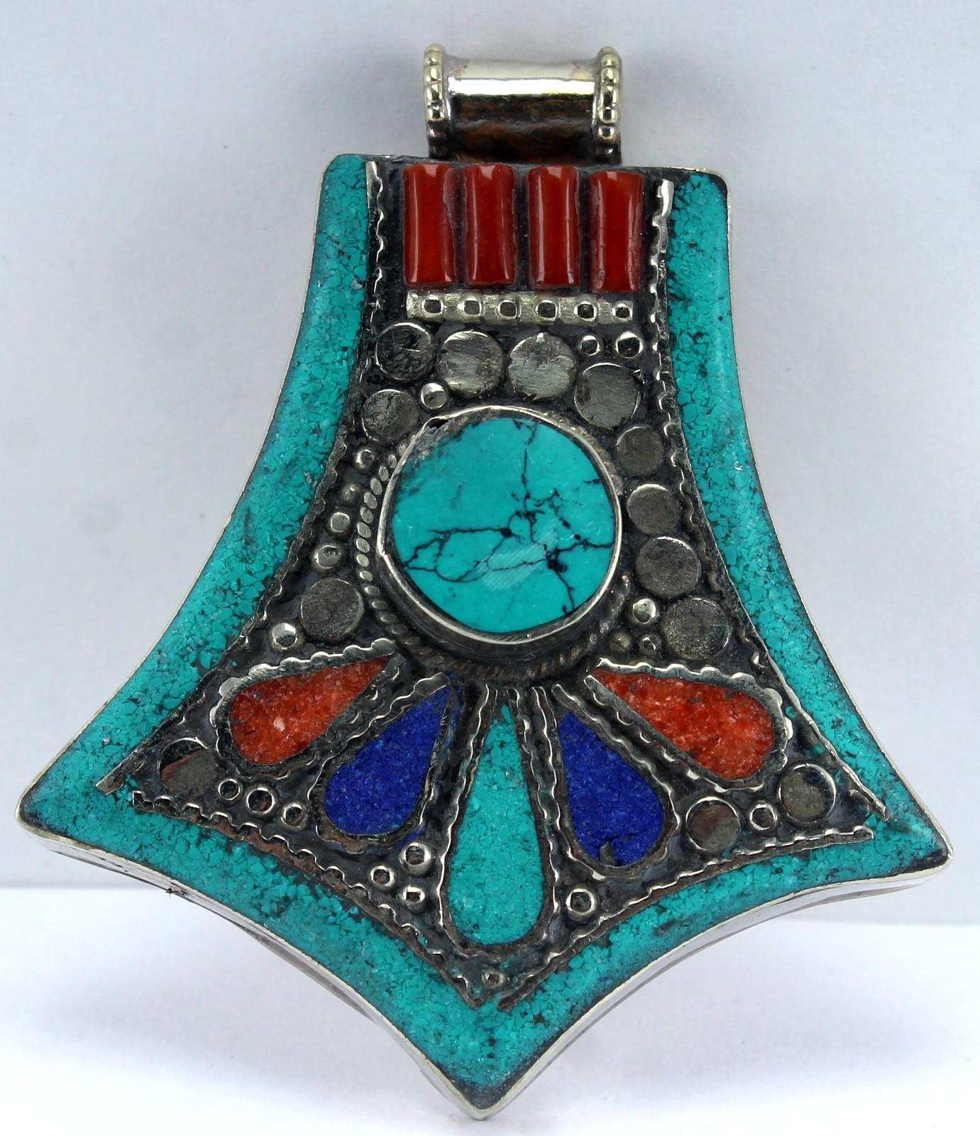 Large Turquoise Coral Blue Statement Fancy Pendant Boho Southwestern Silver Tone