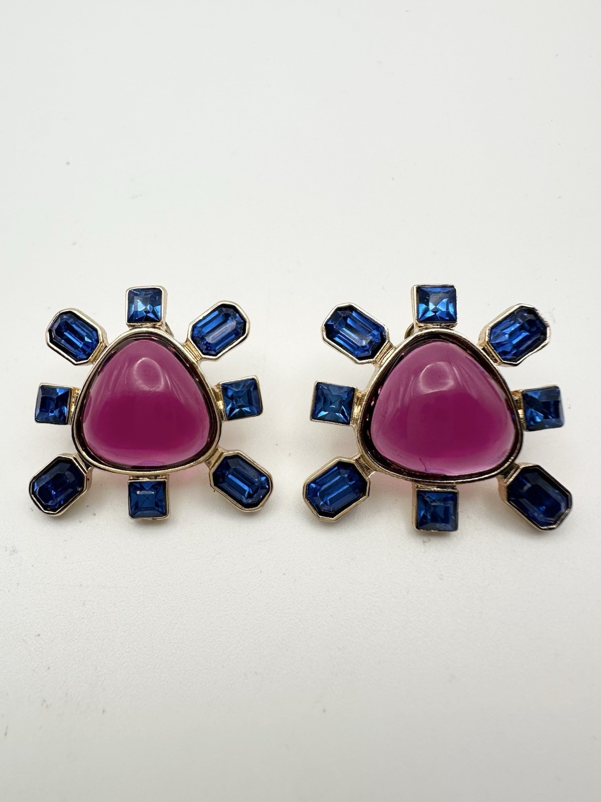 Unsigned Blue Pink Rhinestone Pierced Earrings