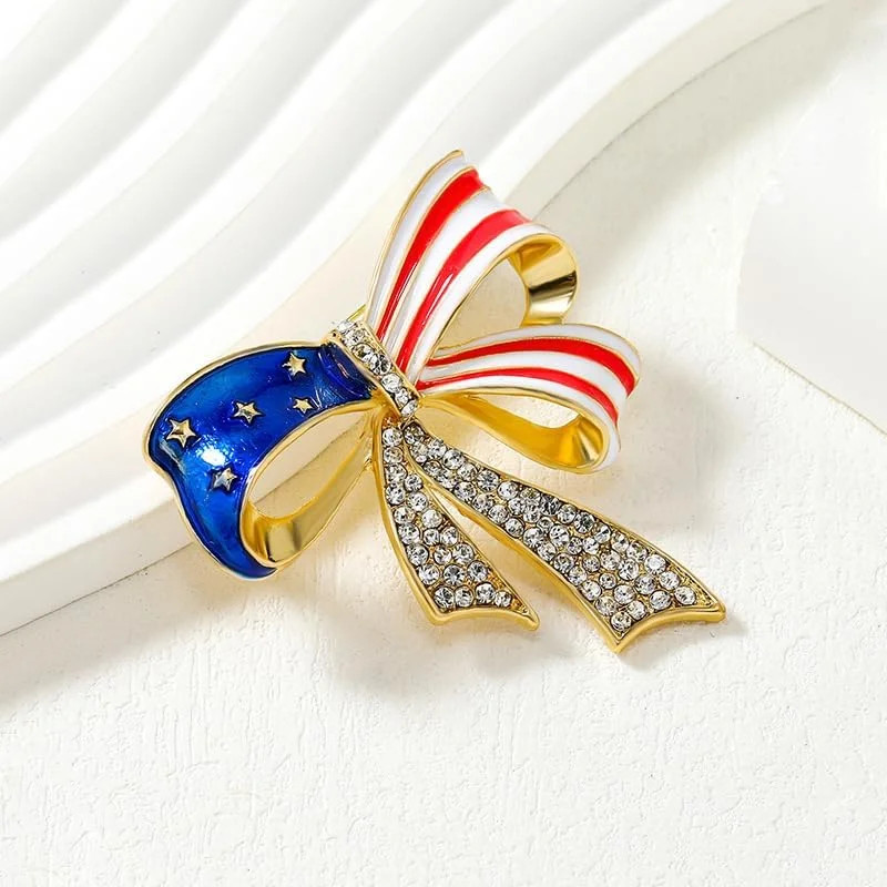 Rhinestone American Flag Medal Pin, Bowknot USA Flag Brooch, Vintage Patriotic