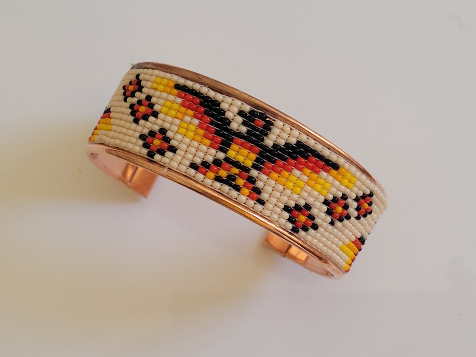 Native American Style Copper Seed Beaded Bracelet Cuff Beige Thunderbird