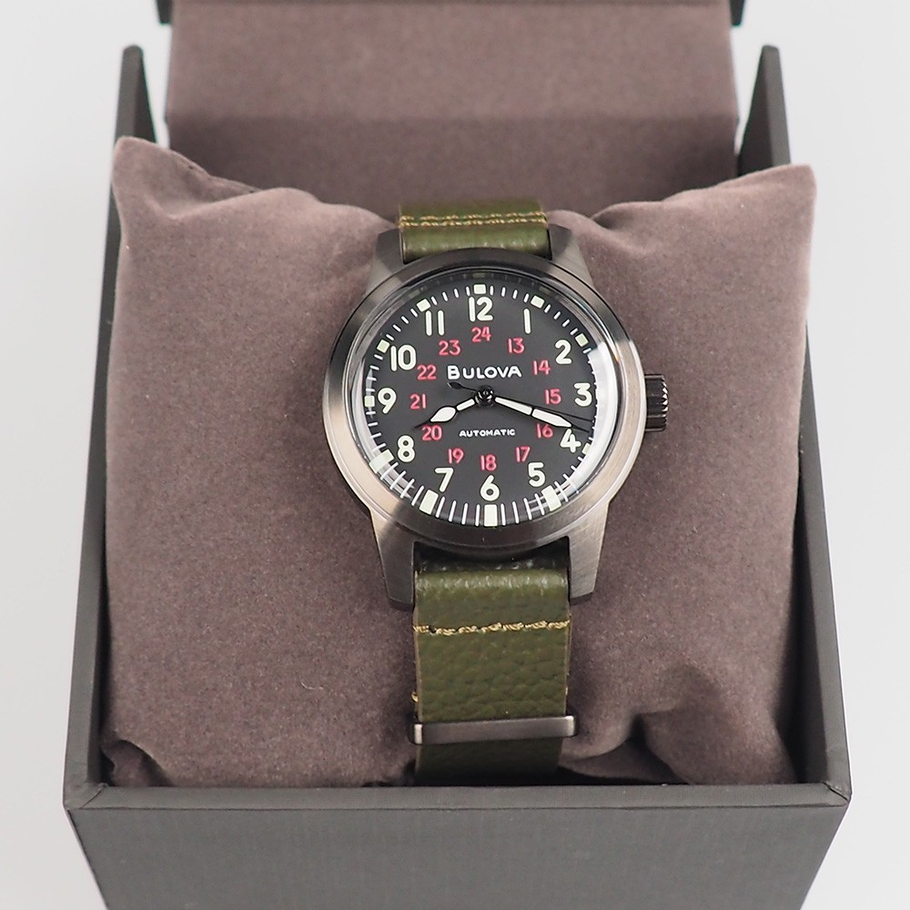 Men’s Bulova Military Hack Black Dial Green Leather Strap Automatic Watch 98A255