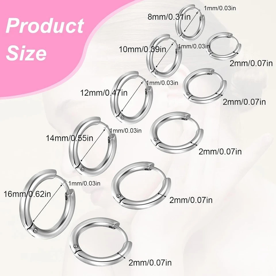 5 Pairs Titanium Hoop Earrings Silver Huggie Hoops Set 8mm-16mm Unisex
