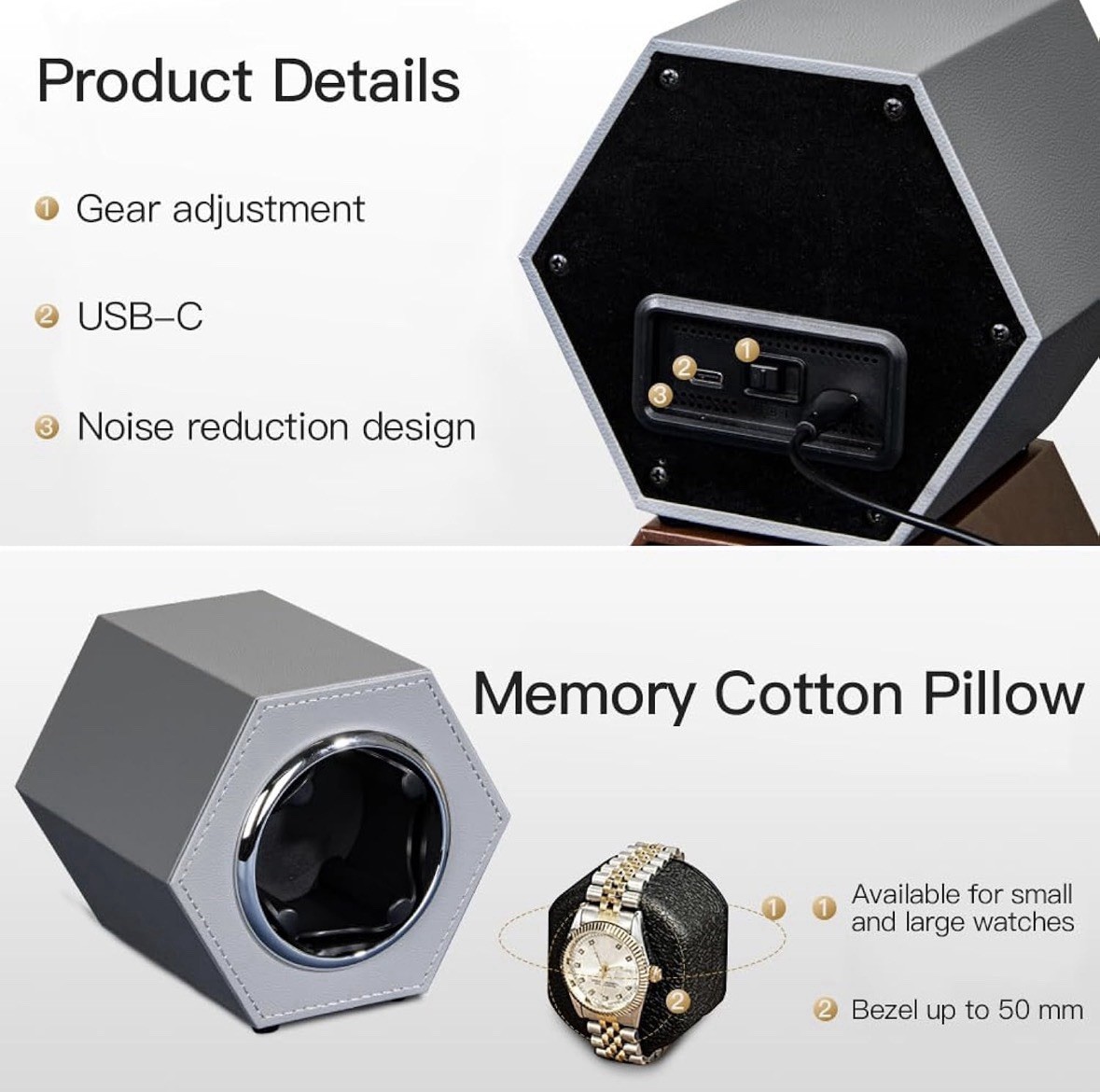 Automatic Single Watch Winder with Quiet Japanese Motor,Premium Grey-147E