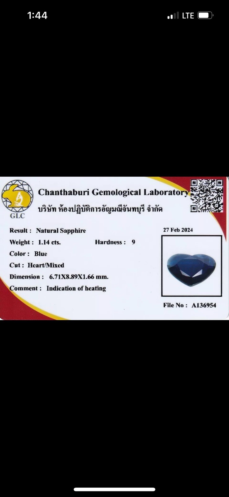 CERTIFICATE Incl.* 1.14ct Heart Blue Sapphire Thailand, Heated Beautiful Stone