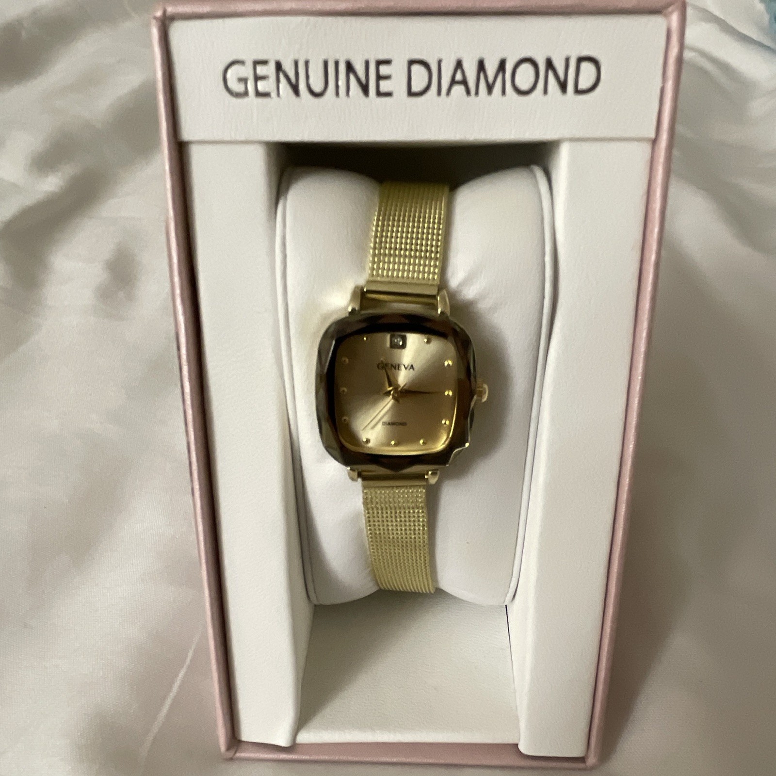 Geneva Genuine Diamond Collection Women’s Cushion Gold Quartz Mesh Watch Box