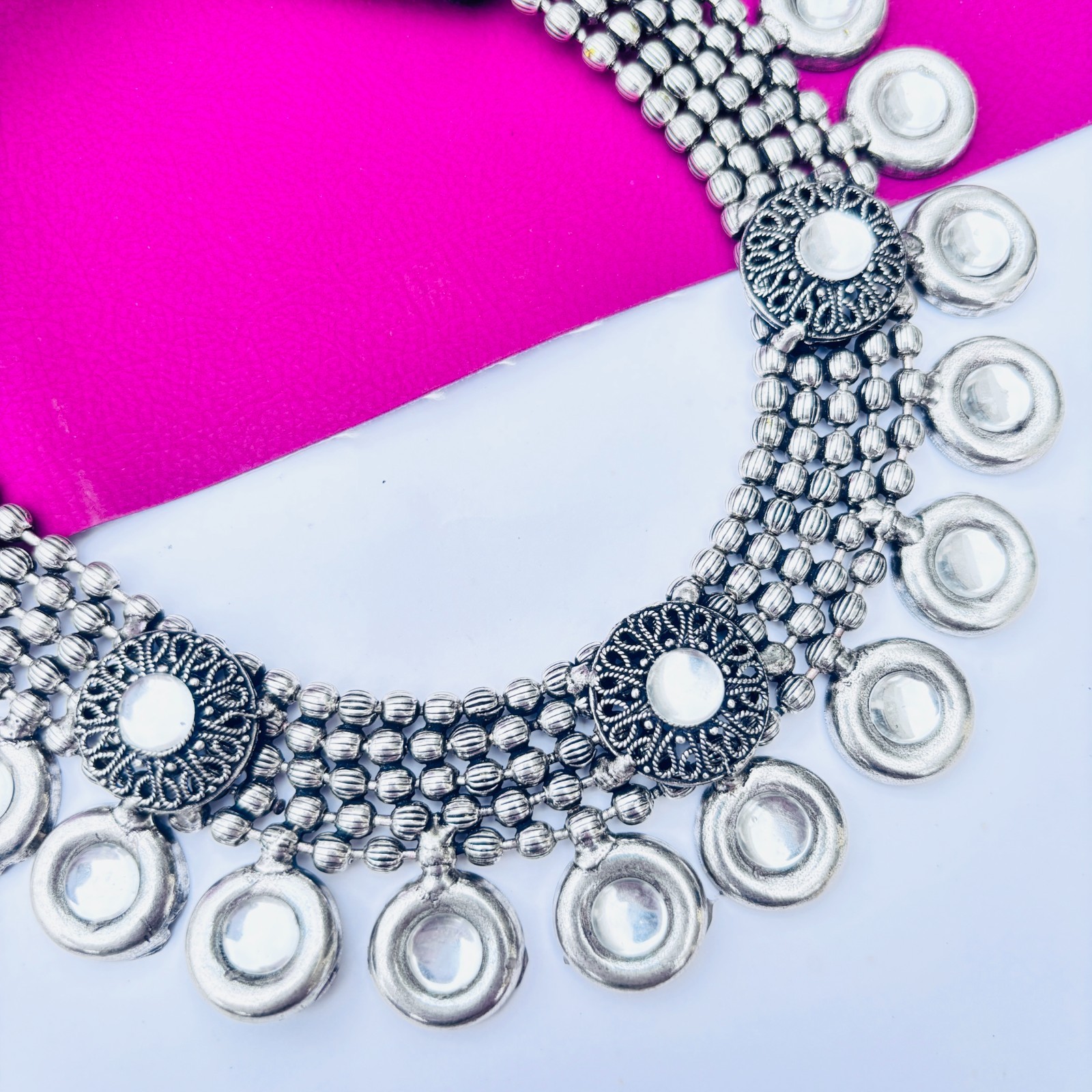 Indian Oxidized Silver Plated Necklace Set With Earring Nose Pin And Bracelets