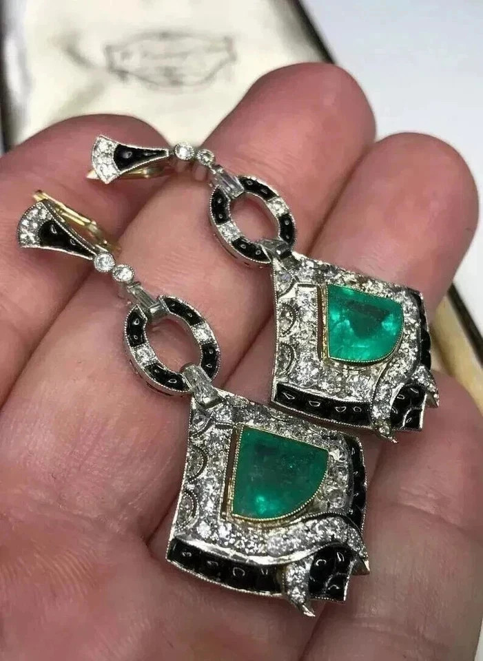 Art Deco Style Lab Created Emerald Diamond Engagement 14k White Gold FN Earrings