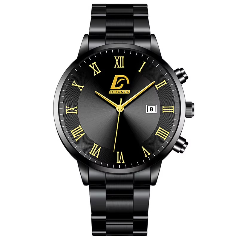 Luxury Minimalist Men’s Gold Stainless Steel Quartz Watch with Calendar