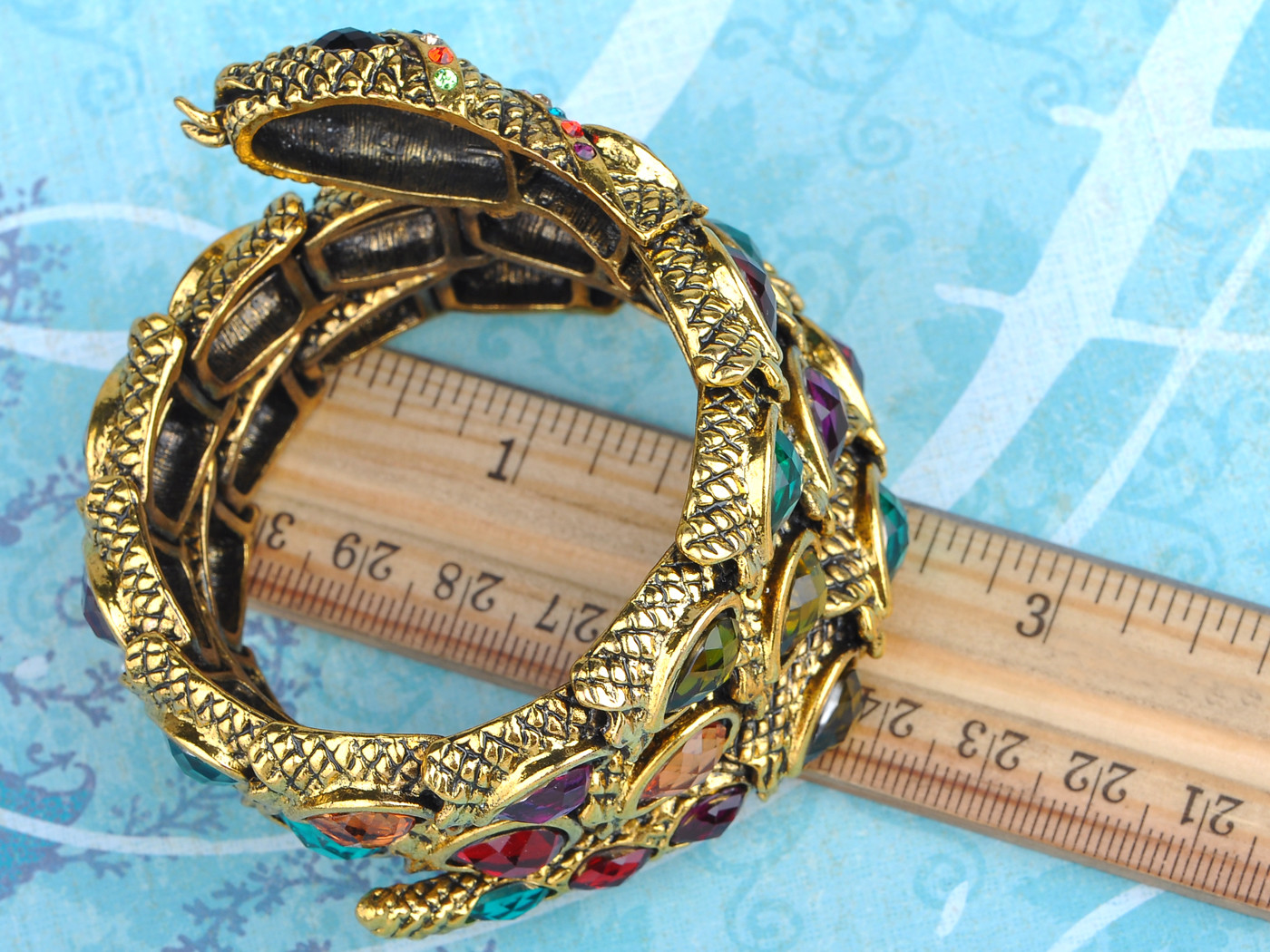 Gold Tone Multi Rhinestones Colorful Egyptian Snake Cuff Wrap Bracelet