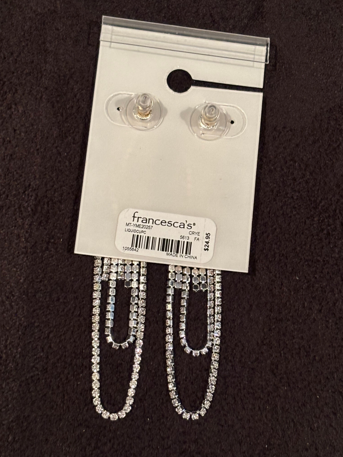 NWT Silver Rhinestone Tassle Looped Pierced Earrings Orig. $24.95 Very Light wt.