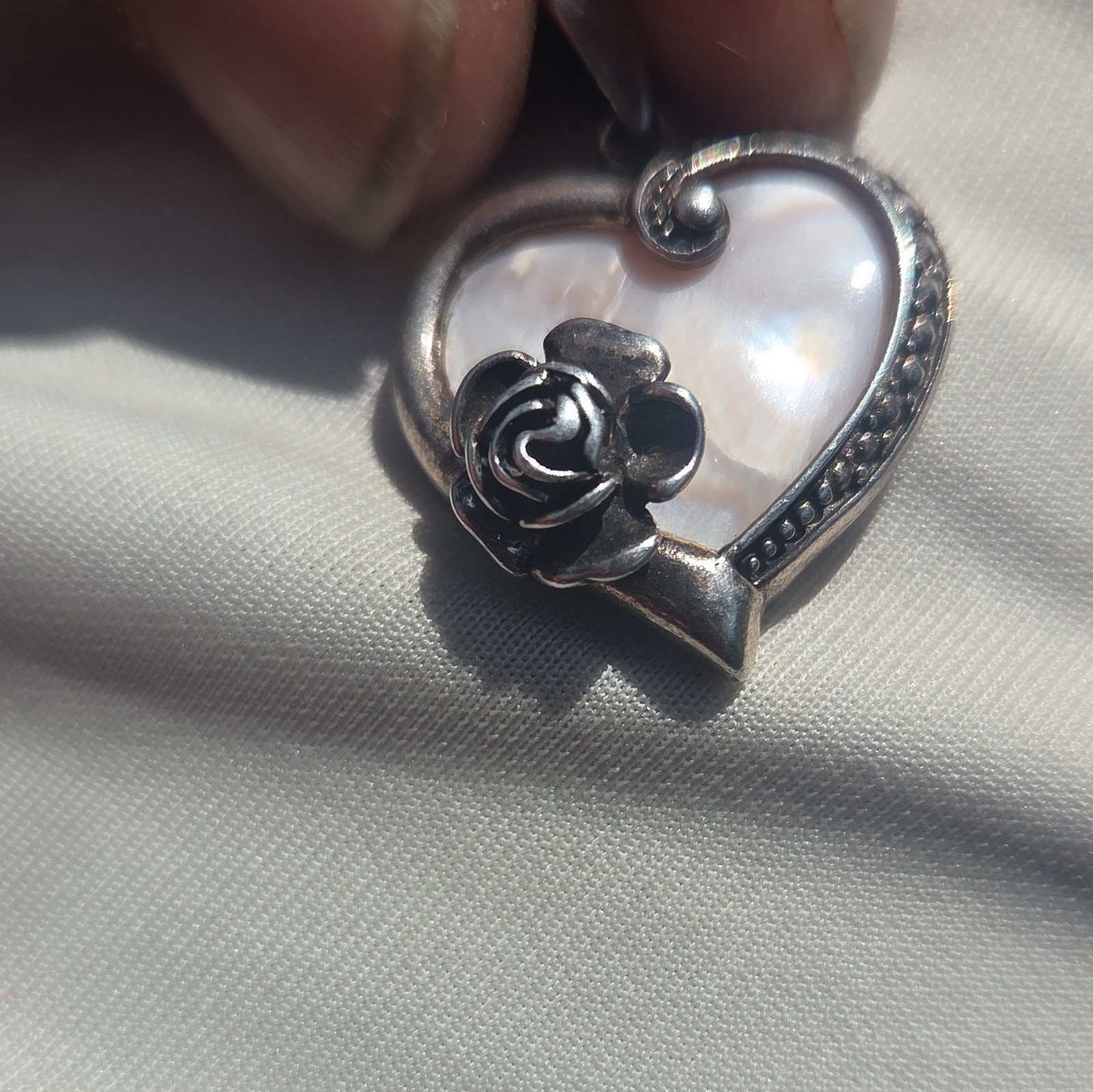 925 Silver Mother of Pearl Heart Pendant 20 inch Rope Lobster Clasp Signed