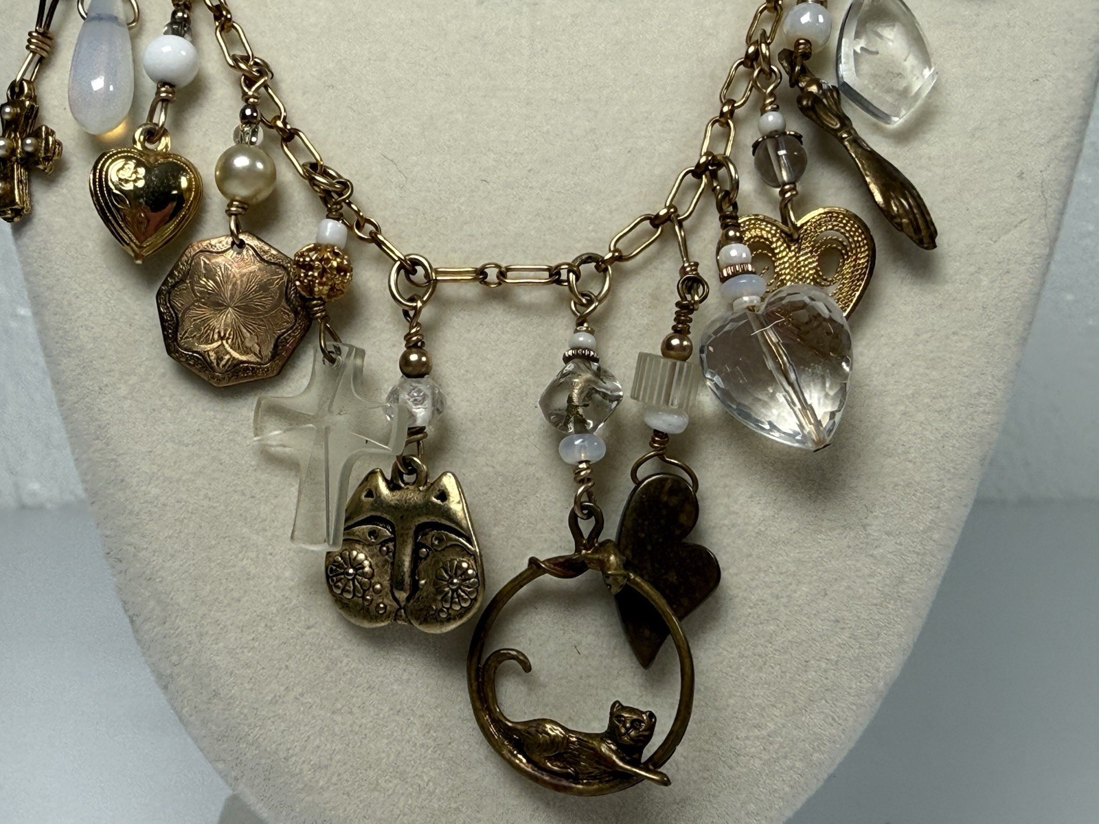 VTG 1/20 14k Gold Filled Charm 21.5” Necklace Cats Hearts Animals Crosses Love