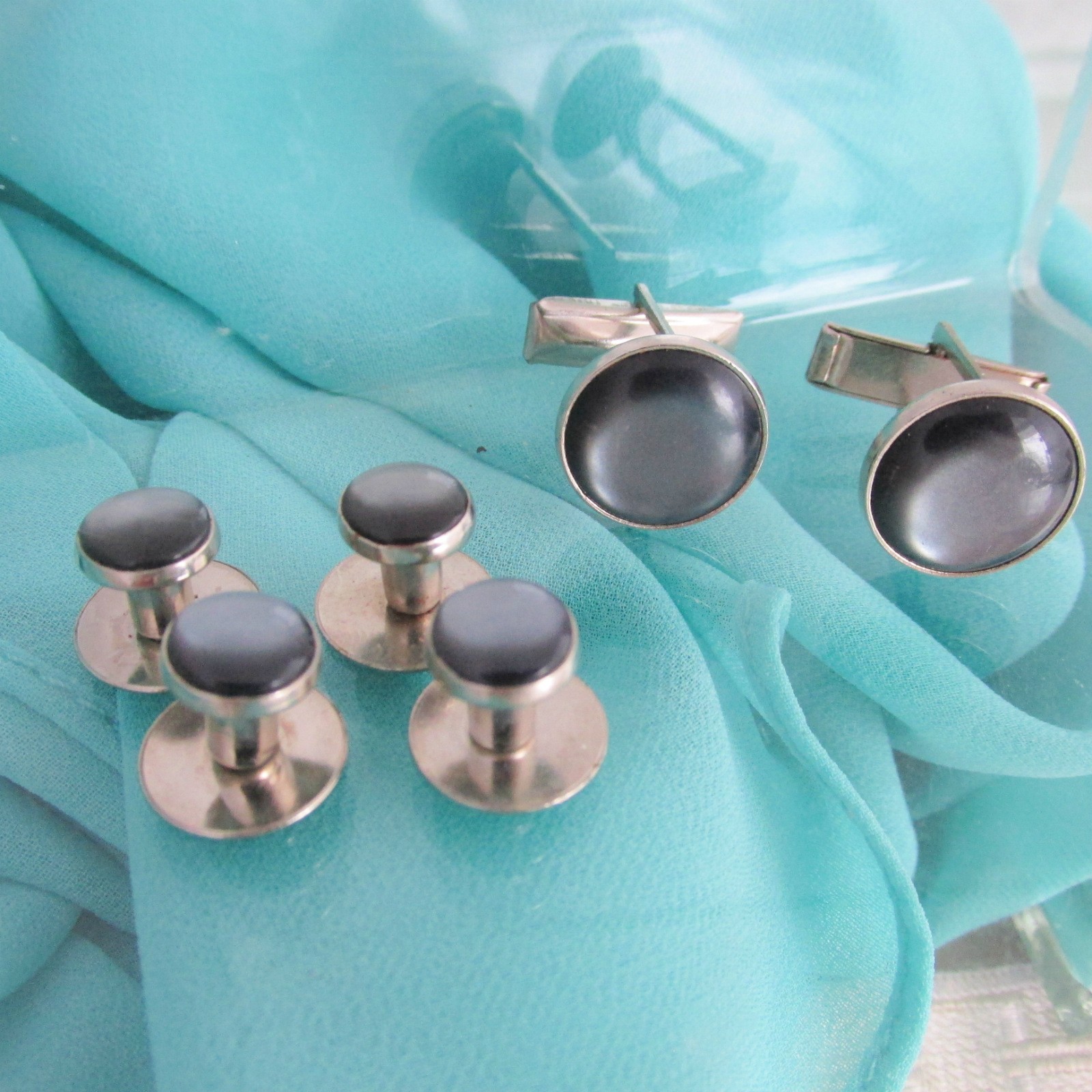 Vintage Gray Silver Plated Cufflinks & Studs Set Wedding Prom Special Occasion