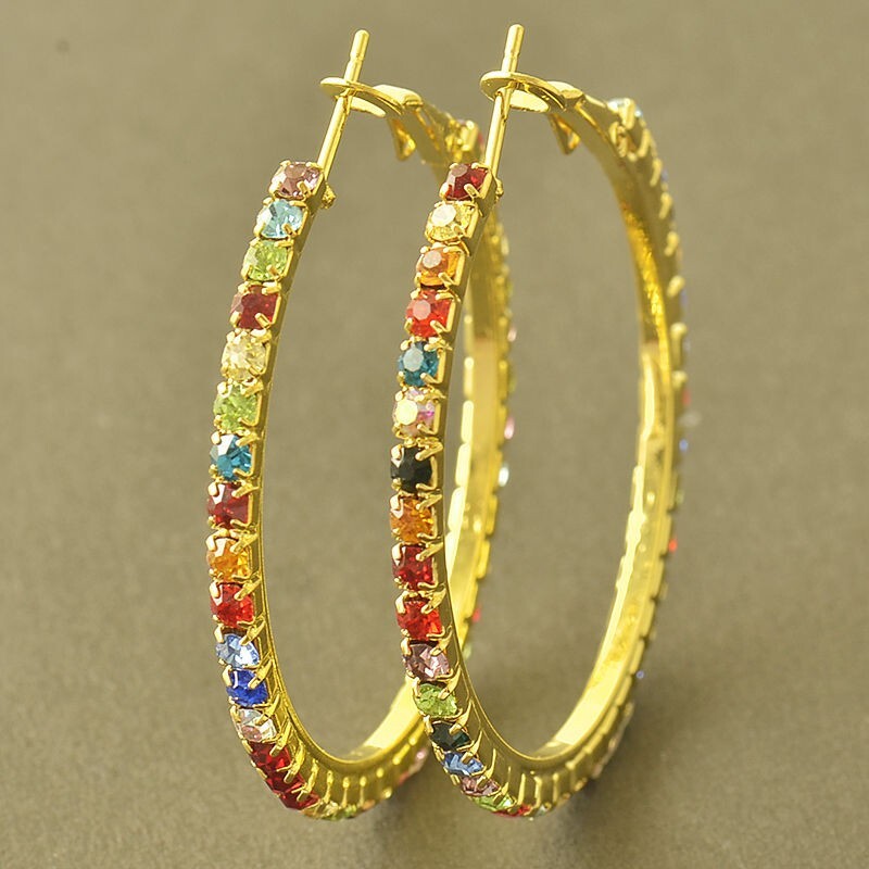 Pretty Yellow Gold Plated Multicolor Crystal CZ Round Large 1.75″ Hoop Earrings