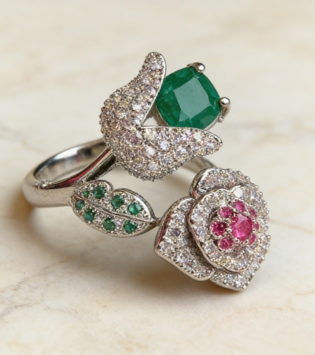 Elegant Multi Color Zircon Full Inlaid 3D Rose Flower Fashion Women’s Open Ring