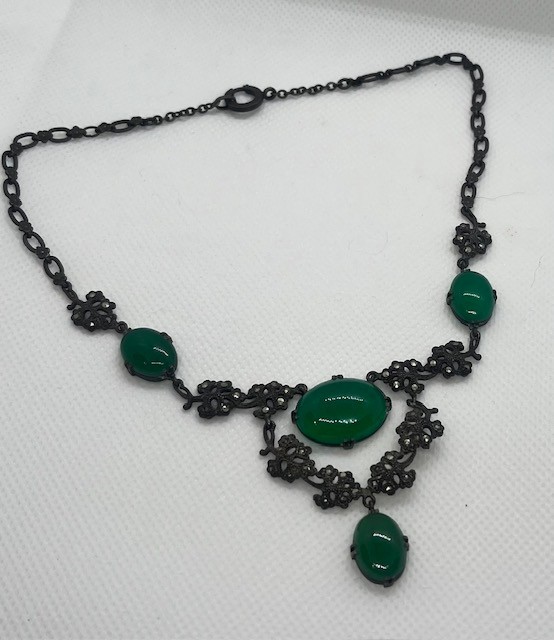 Art Deco Sterling Chrysoprase and Marcasite Necklace