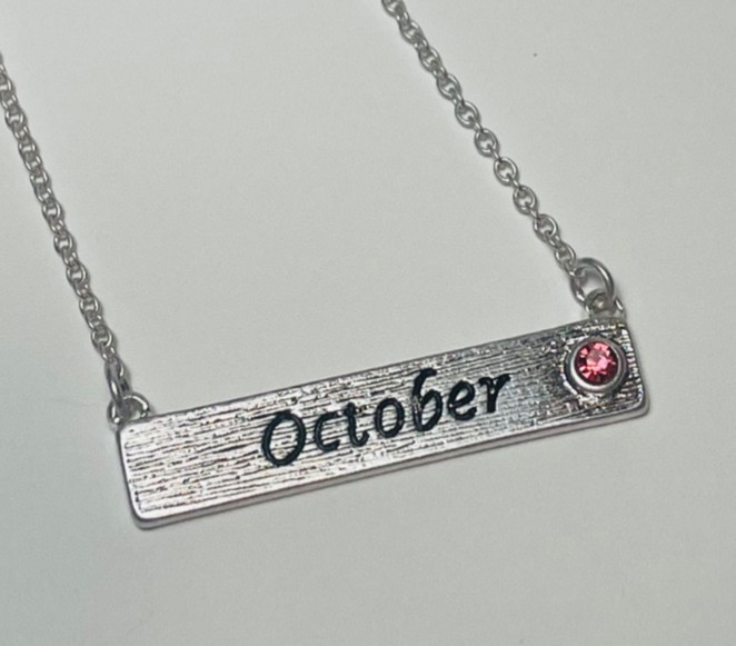 Personalized October Birthstone Necklace Bar Pendant Dainty Silver Plated