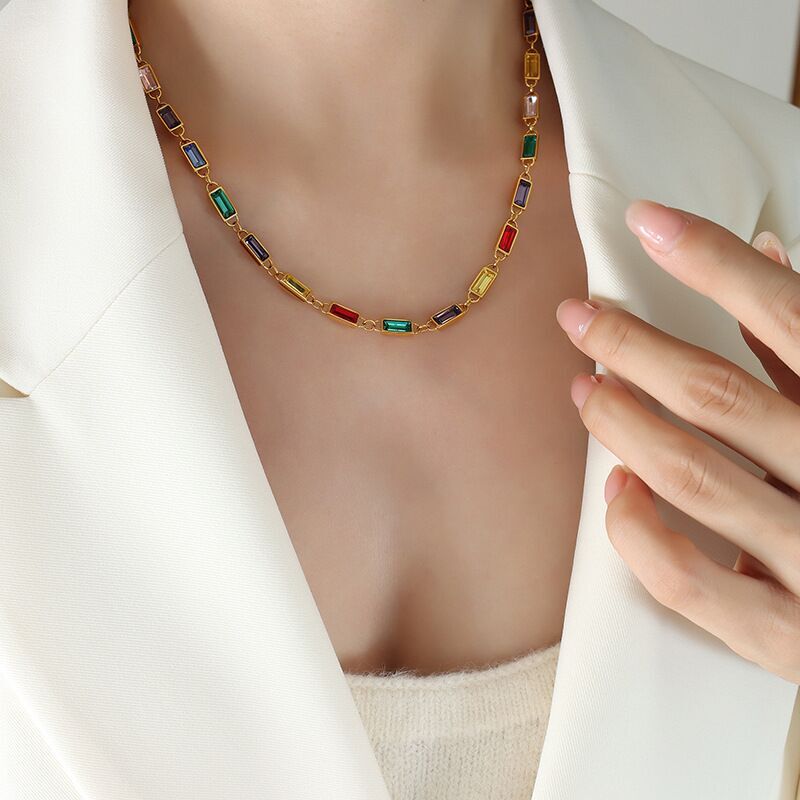 Woman 18K Gold Plated Multicolor CZ Square Charm Necklace Chain/Bracelet